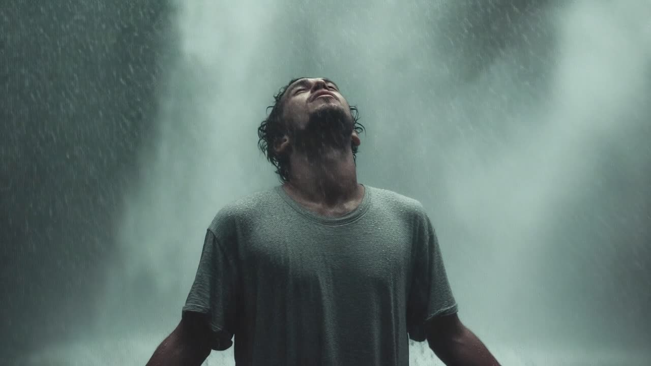 A Moment of Reflection: Embracing Nature's Power Amidst the Soothing Embrace of Waterfall Mist and the Spirit of Tranquility