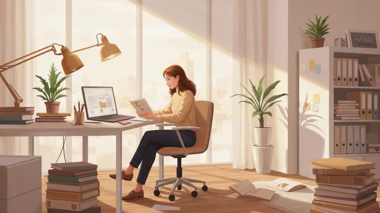 A Calm Morning in a Stylish Office Space: A Woman Engaged in Study Surrounded by Books, Plants, and Natural Light Streaming Through the Windows