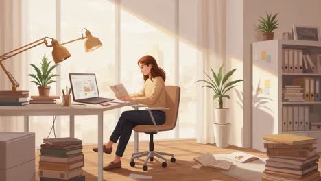 a calm morning in a stylish office space: a woman engaged in study surrounded by books, plants, and natural light streaming through the windows