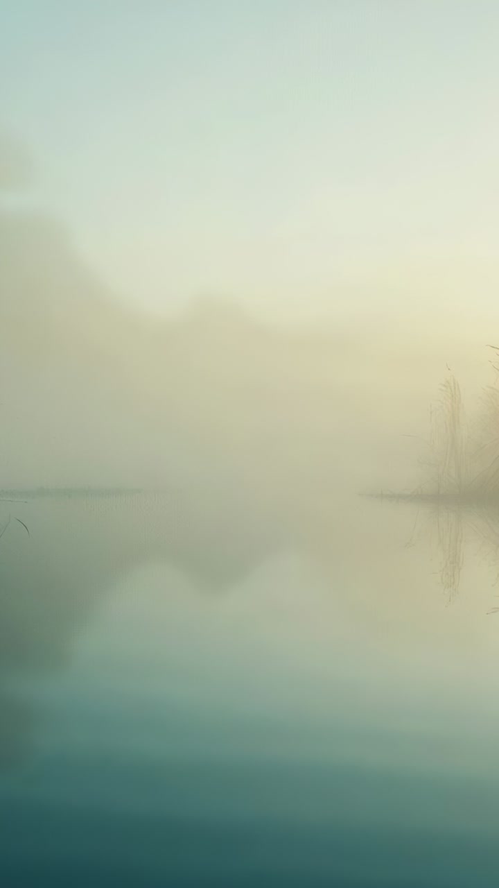 Vertical video: Revealing dawn light lifting mist off lake, mirror reflections, thin reeds right