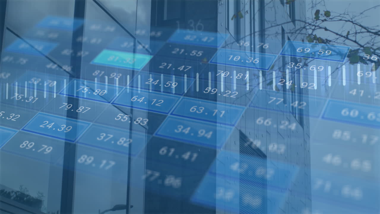 도시 풍경 위의 금융 데이터 처리 애니메이션