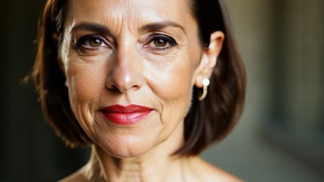 retrato de una mujer de mediana edad sonriente con lápiz labial rojo.