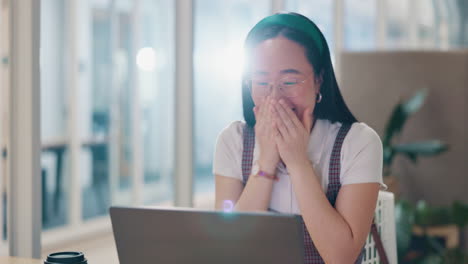 asian woman, laptop and celebration fist