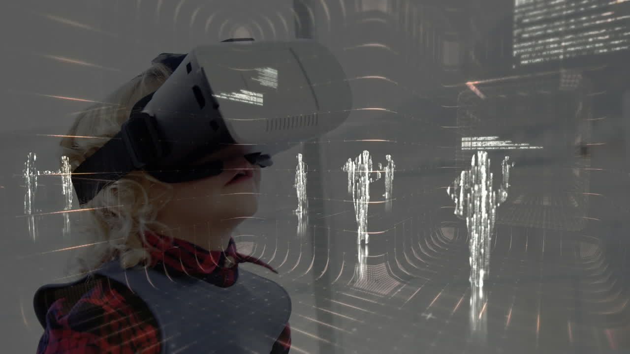 Animation of data processing over child wearing vr headset