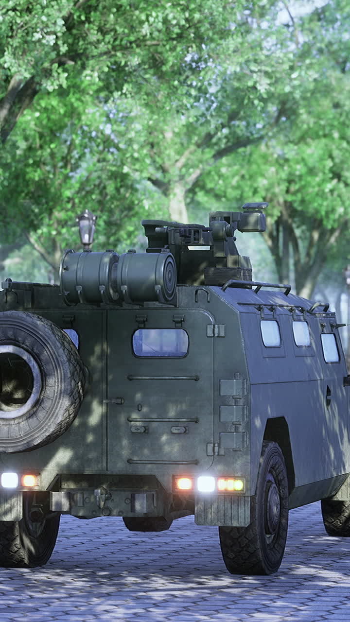Military vehicle navigating a serene park under bright daylight
