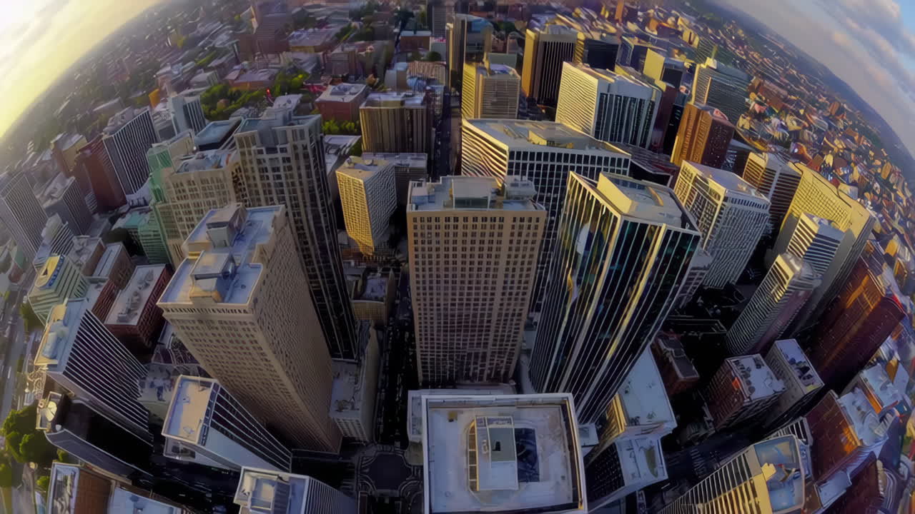 해가 지고 있는 현대 도시 스카이 라인 의 공중 풍경
