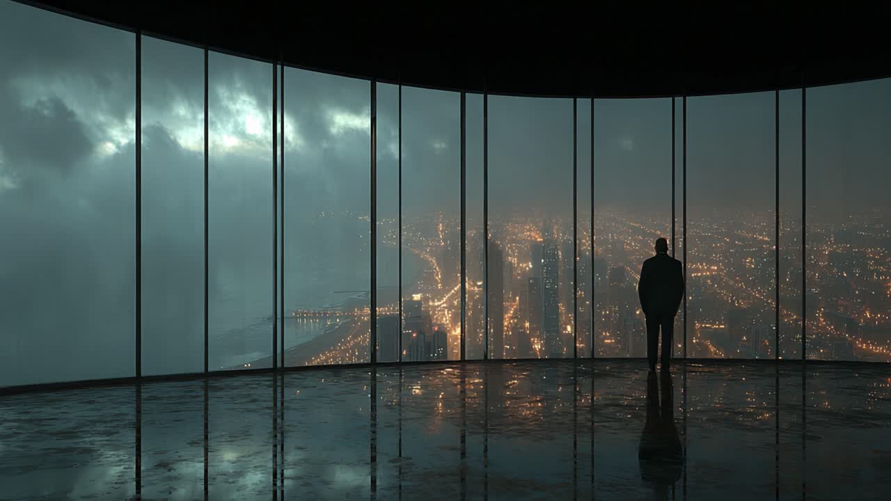 A solitary figure gazes out from a glass-paneled room, overlooking a vibrant cityscape illuminated by evening lights beneath a brooding sky filled with clouds and mystery