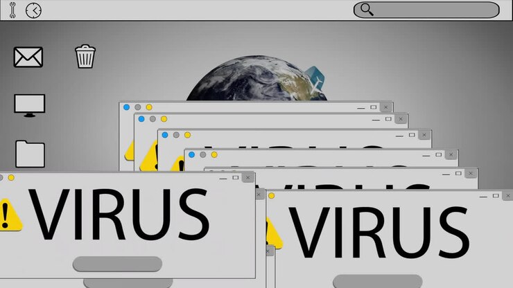 Ventana de advertencia de virus en primer plano mostrada en una interfaz de usuario de escritorio con diseño plano, con iconos de barra de herramientas y de dock.