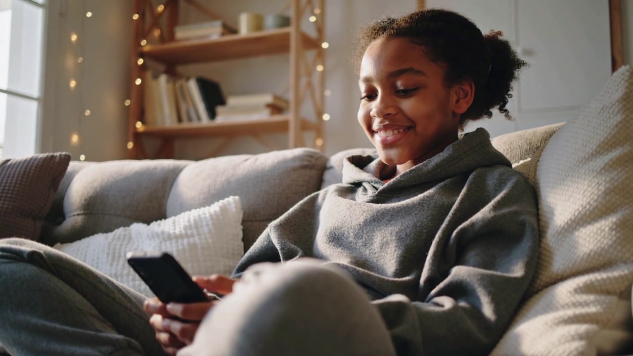 Smilende teenager tjekker smartphone på grå sofa i stuen, iført grå hættetrøje.