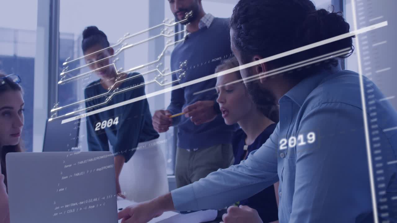 Seated woman scrolling laptop while team pointing, causing animated timeline for business review