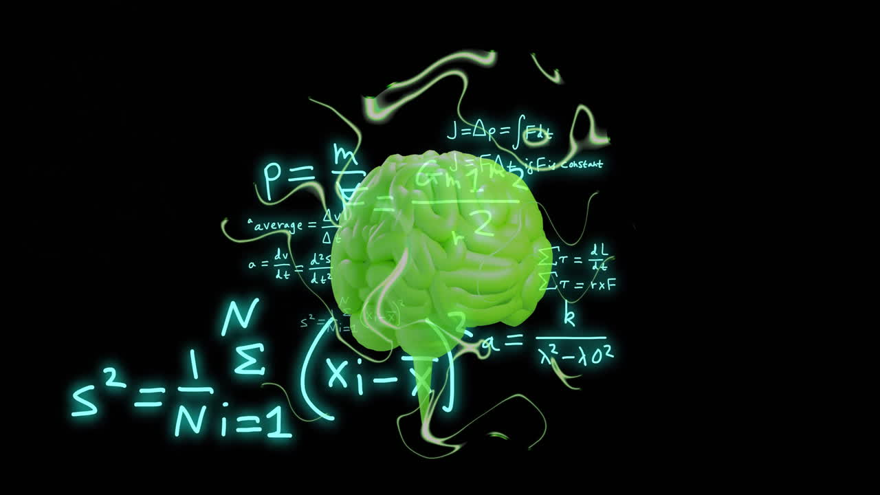 animazione del cervello umano e elaborazione di dati matematici su sfondo nero