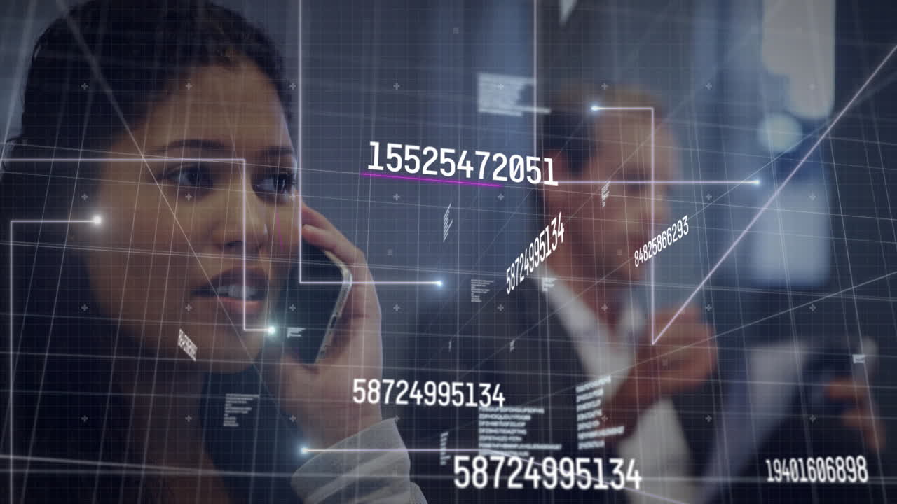 female colleague talking smartphone in office, with floating numeric holograms showing finance data