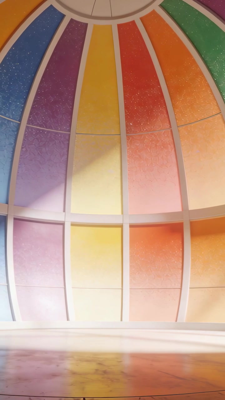 Video vertical: Cámara en movimiento revelando una cúpula de cristal en el vestíbulo, siguiendo un haz de luz a través de paneles de colores.