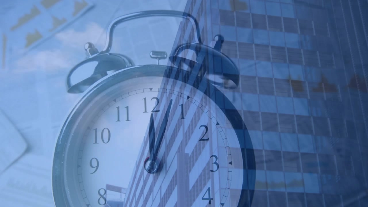 Double Exposure of Alarm Clock and Modern Office Building