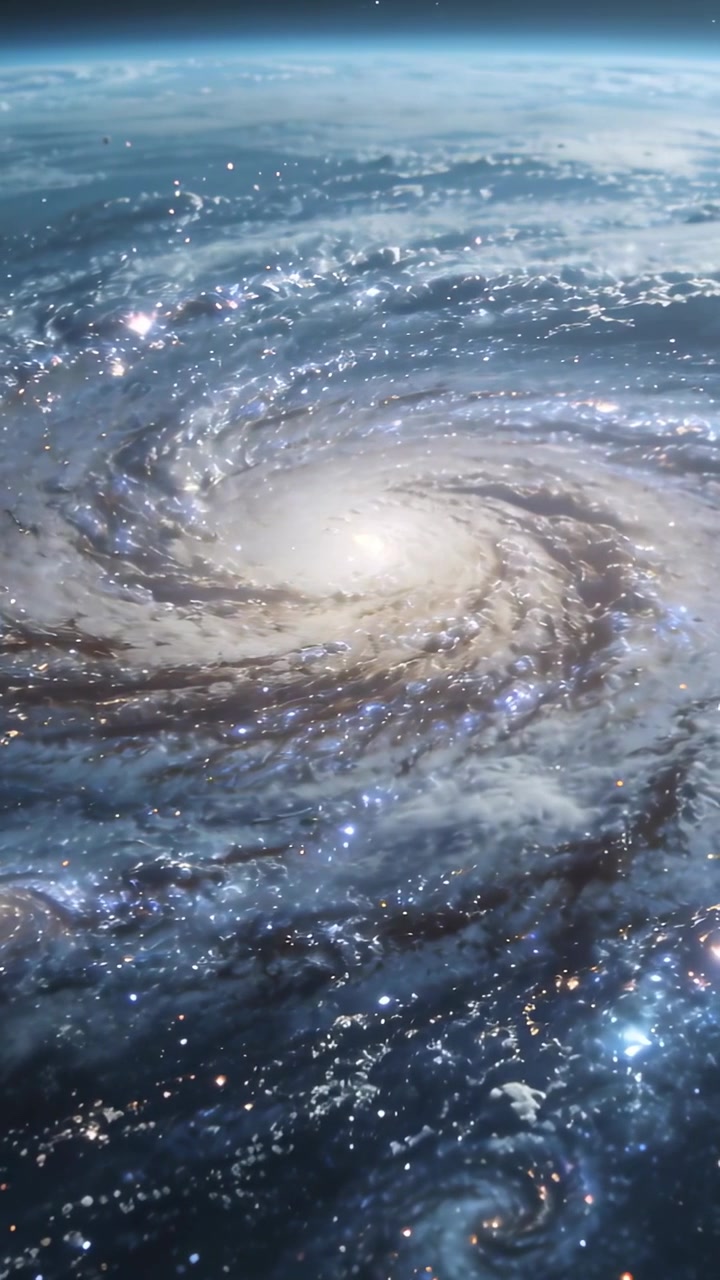 Video verticale: La telecamera zooma rivelando una galassia a spirale che ruota sopra il bordo di un pianeta, mostrando un nucleo luminoso.