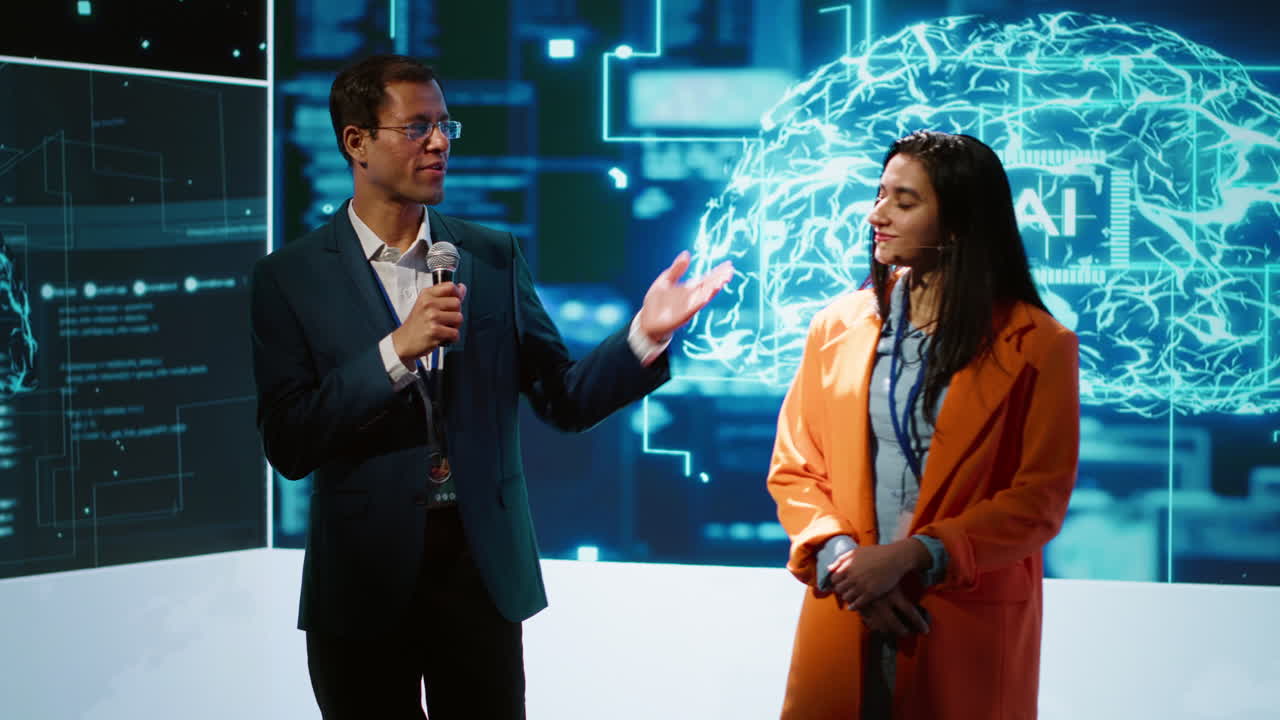 Cheerful host and expert guest talking at AI summit