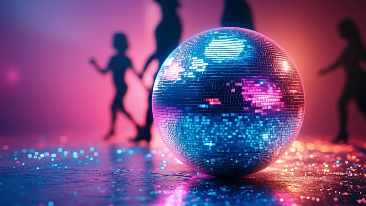 Palla da discoteca e sagome danzanti in discoteca al neon
