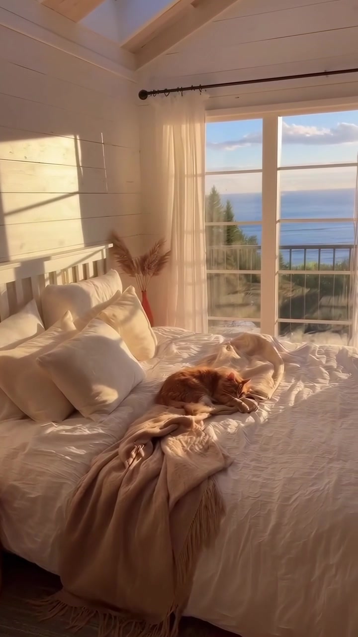 Ginger Cat Sleeping on a Cozy Bed in a Sunny Bedroom