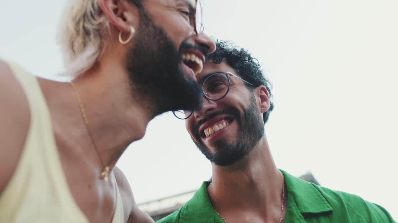 Close-up of Two Happy Young Men Smiling and Laughing Together