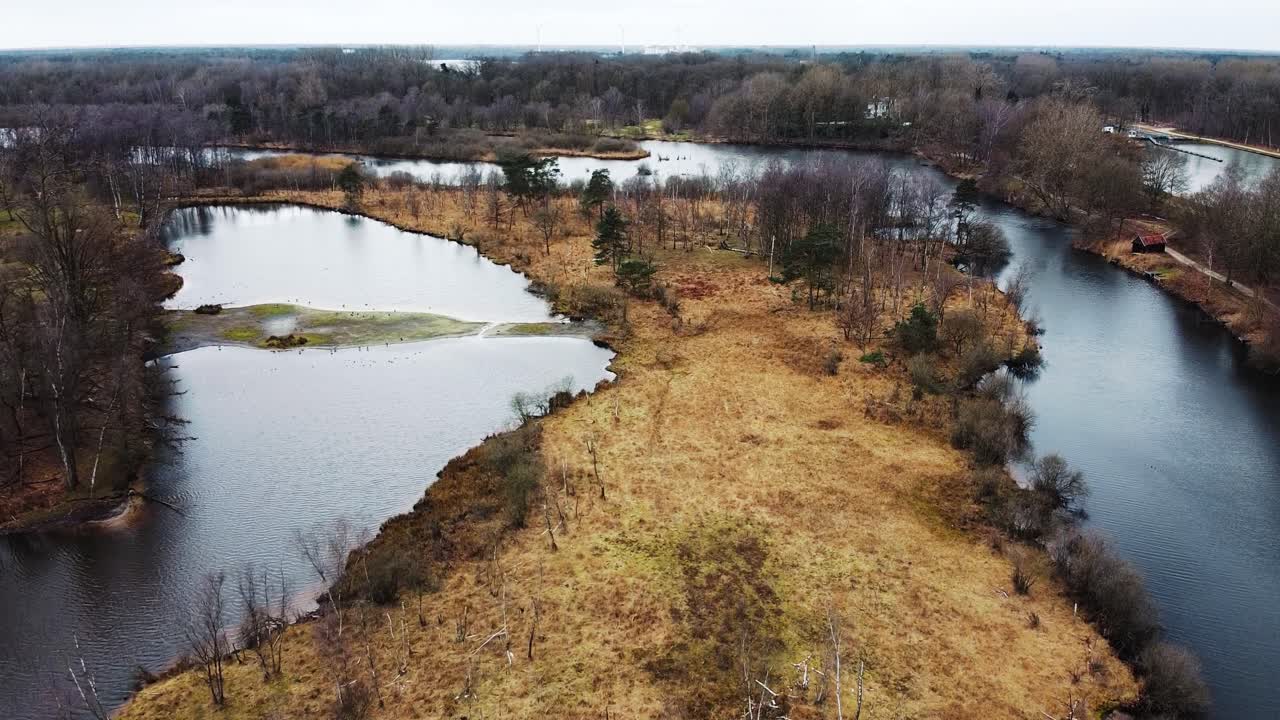 volando sobre pequeños lagos que están conectados entre sí