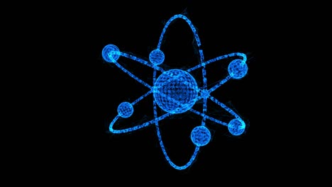 modelo planetario de átomo con núcleo y electrones que giran en órbitas. nanotecnología nuclear. tecnología de malla poli baja de wireframe