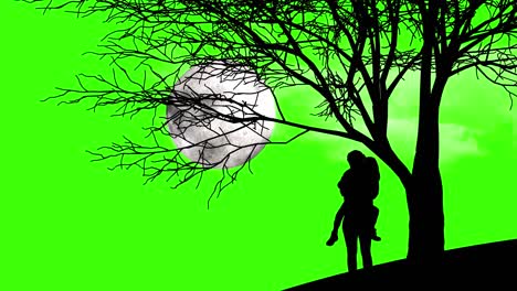 green screen bright moon behind girl trees and clouds