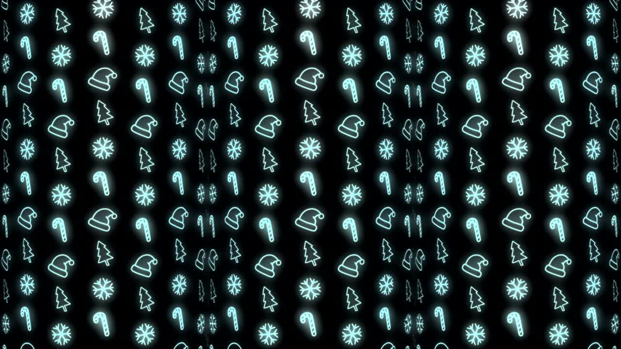 크리스마스 트리, 눈송이, 산타 모자, 캔디 케인의 네온 크리스마스 패턴 배경 사이안 및 블랙 루핑 애니메이션