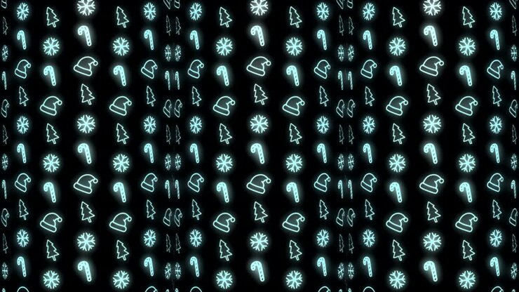 Neon Christmas Pattern Background of Christmas Tree, Snowflake, Santa Hat and Candy Cane in Cyan and Black Looping animation