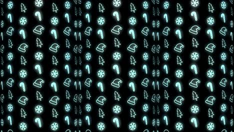 neon christmas pattern background of christmas tree, snowflake, santa hat and candy cane in cyan and black looping animation