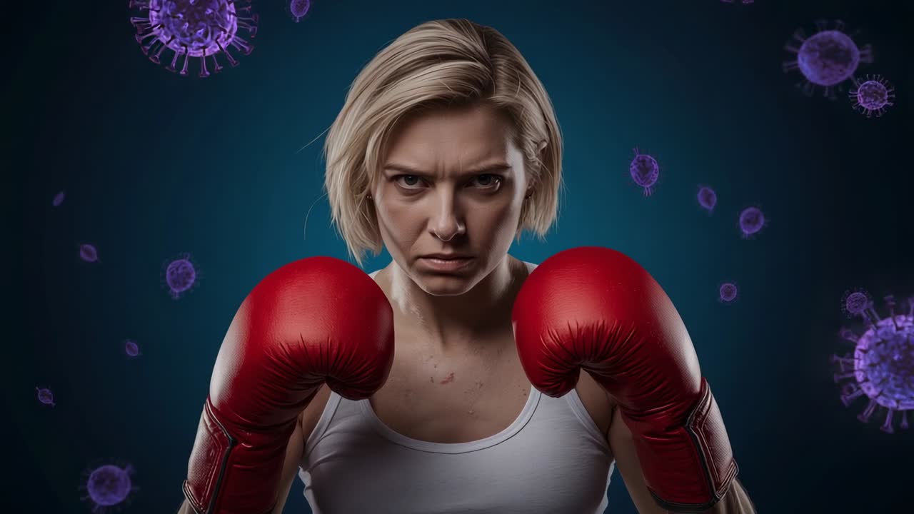 Launching right jab boxer wearing red gloves in studio, fighting floating purple viral particles