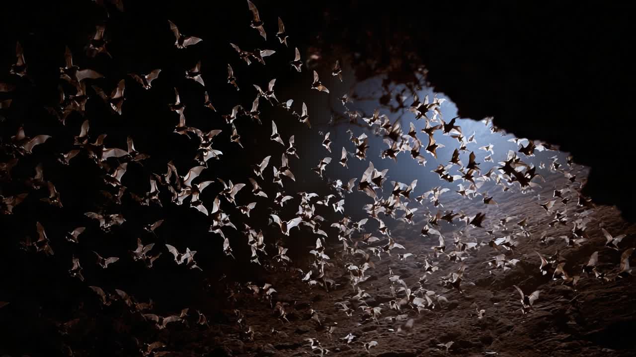 Una spettacolare emersione di pipistrelli dalle profondità: Assisti al maestoso volo dei pipistrelli mentre si riversano dalla loro dimora nella grotta nell'abbraccio della notte