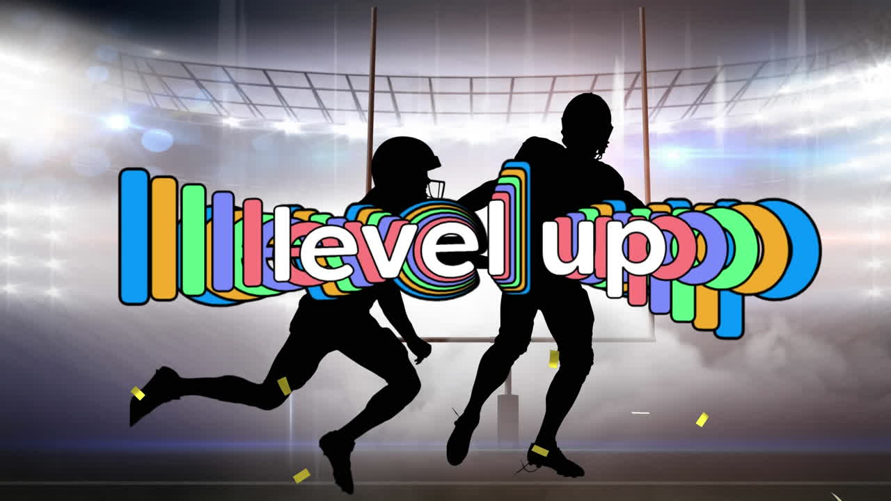 아메리칸  ⁇ 볼 필드에서 실루 ⁇  플레이어에 대한 단어 레벨 업 및 금 콘페티의 애니메이션