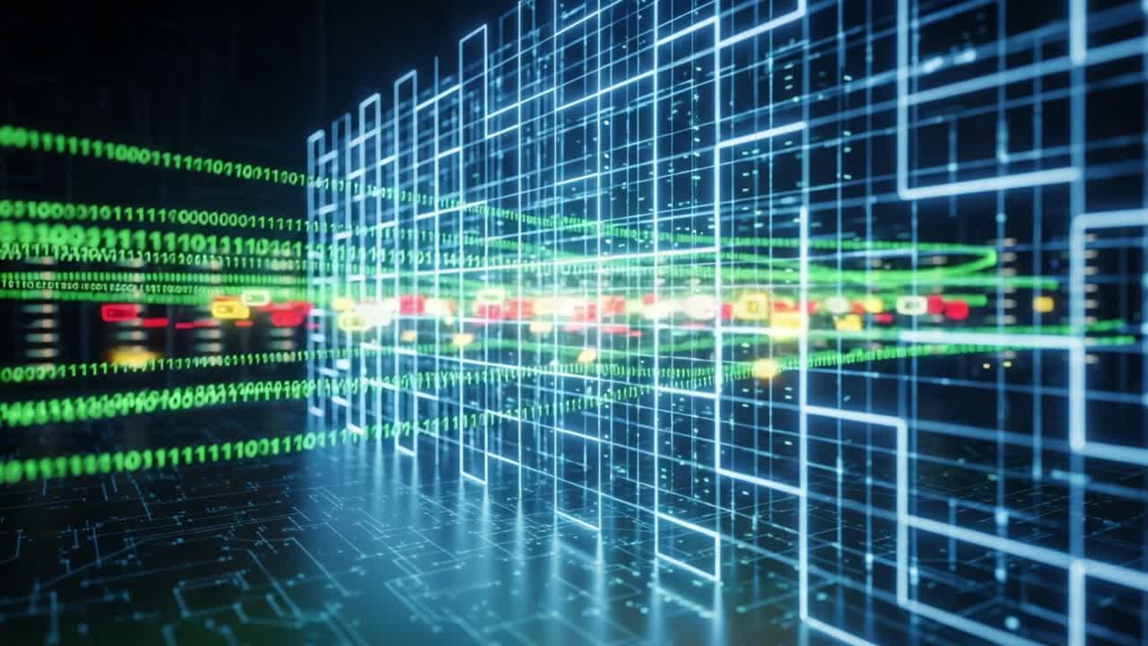 A Futuristic Digital Landscape Featuring Streams of Binary Code and Neon-Like Data Patterns Flowing Through a Virtual Environment