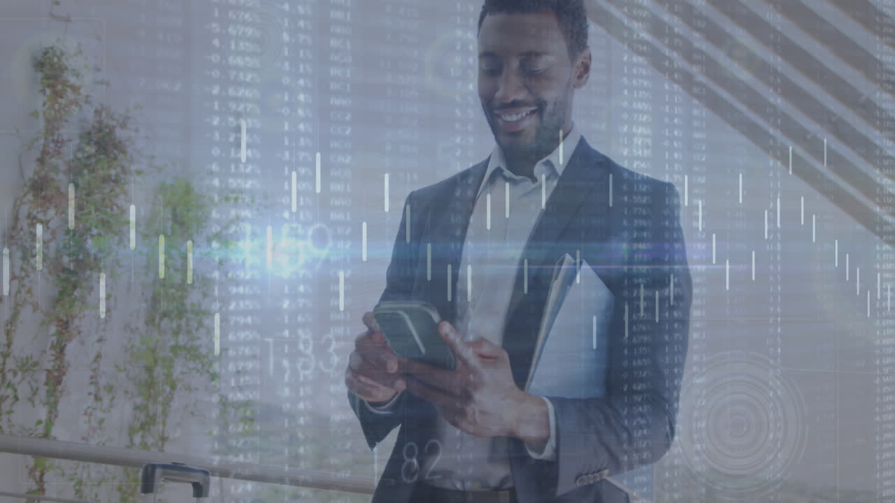 Animation of line graphs, changing number, african american man scrolling on smartphone in office