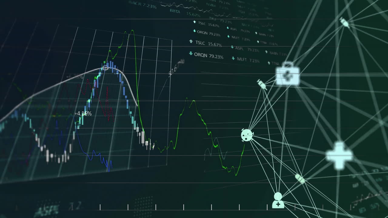 Animation of network of medical icons over charts processing on black background