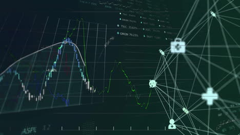 Animation-Eines-Netzwerks-Medizinischer-Symbole-über-Der-Diagrammverarbeitung-Auf-Schwarzem-Hintergrund