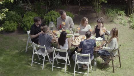 Amigos-Tintineando-Vasos-Encima-De-La-Mesa-En-El-Patio-Trasero