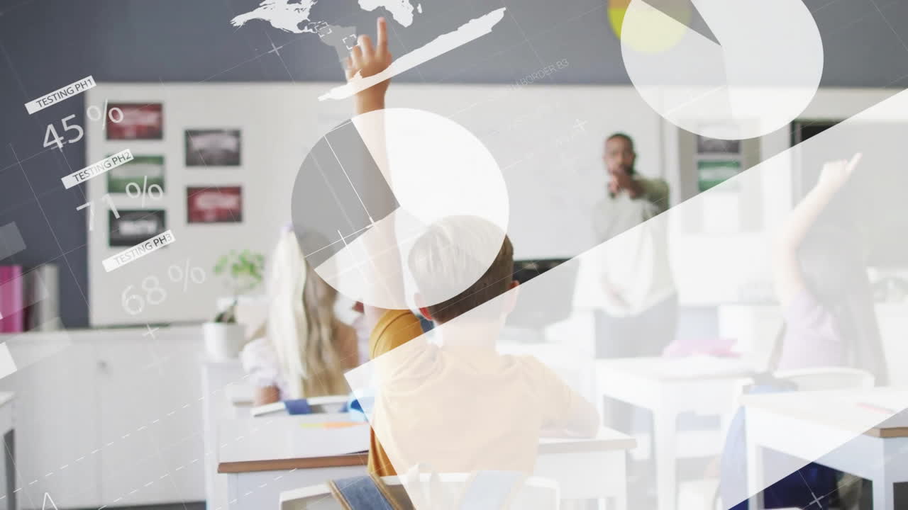 교실에서 다양한 남성 교사와 어린이에 대한 차트 및 데이터 처리의 애니메이션