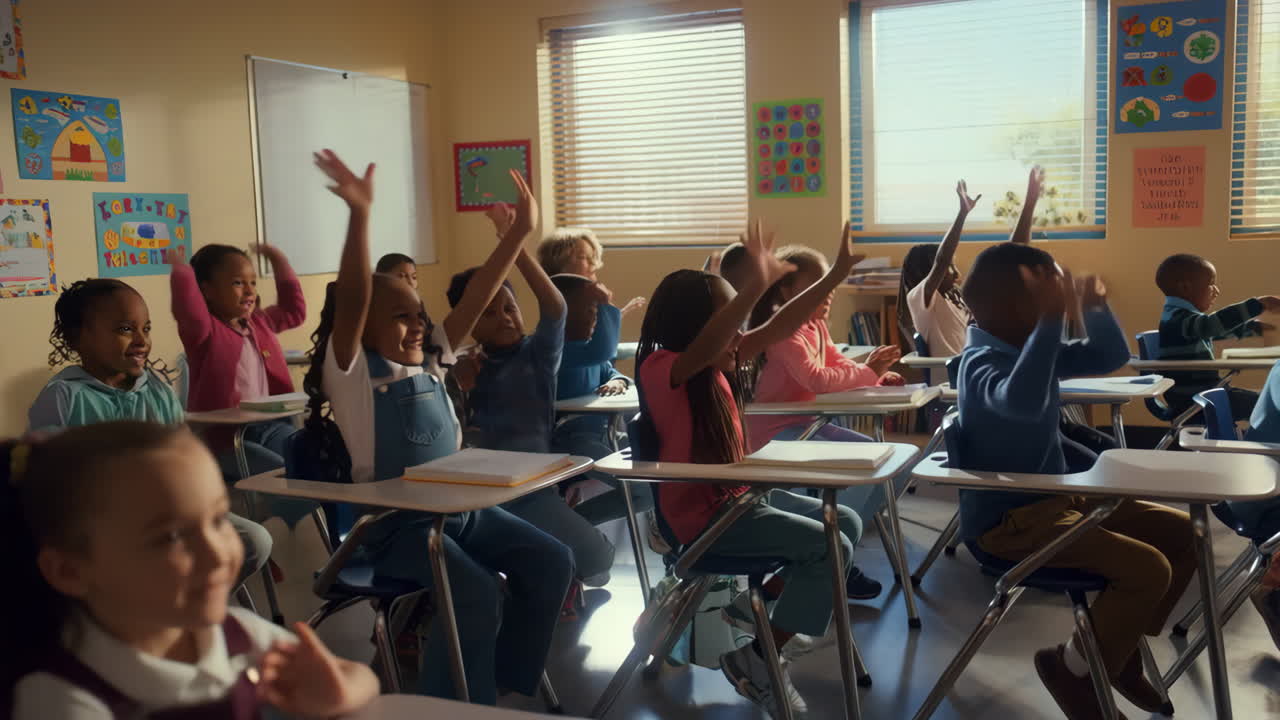 Diverse Elementary School Students Raising Hands Eagerly in Classroom