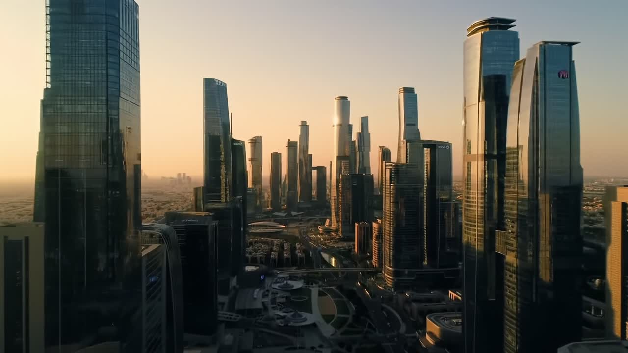 Aerial View of a Modern Urban Skyline at Sunset with Gleaming Skyscrapers Reflecting Golden Light, Showcasing Architectural Marvels and City Life