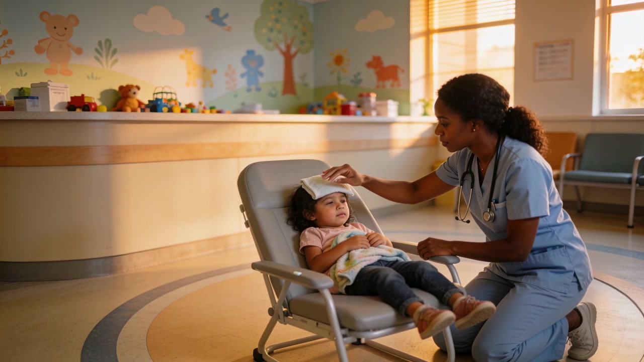 Applying scrub nurse at exam recliner seeing child reclined placing cool cloth soothing child, toys