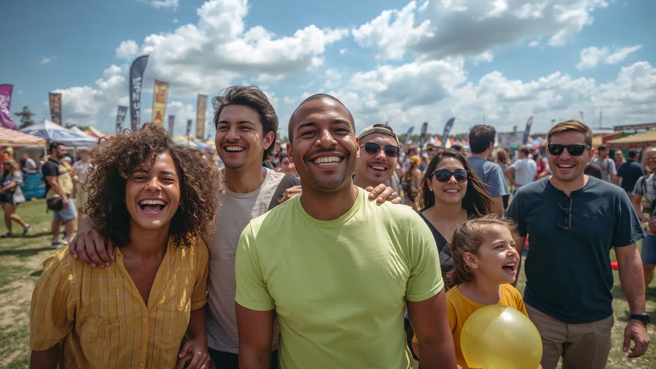 Posing group with child holding yellow balloon, smiling for camera at festival, camera approaching
