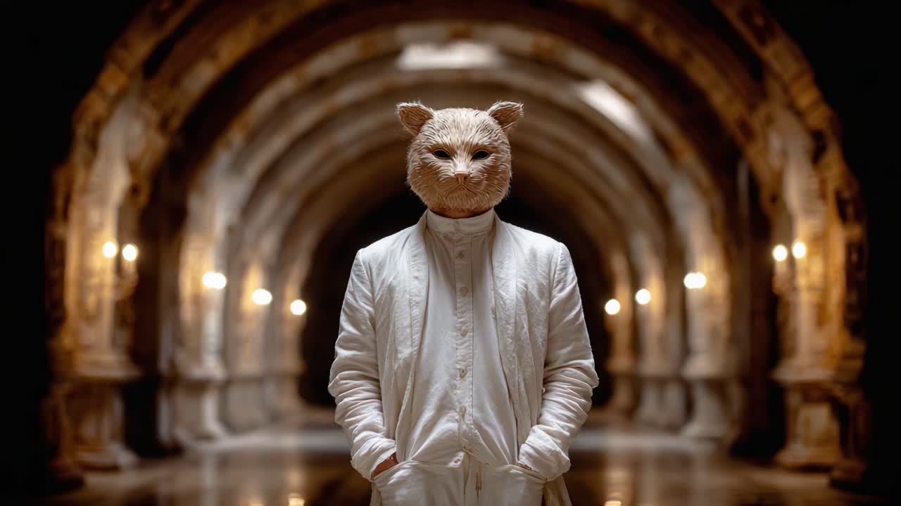 A Mysterious Figure in a Masked Cat Disguise Stands Solemnly in an Elaborately Designed Hallway Illuminated by Soft Ambient Lighting