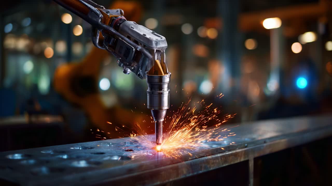 Advanced robotic arm welding metal with precision, creating bright sparks and showcasing cutting-edge manufacturing technology in a modern industrial setting