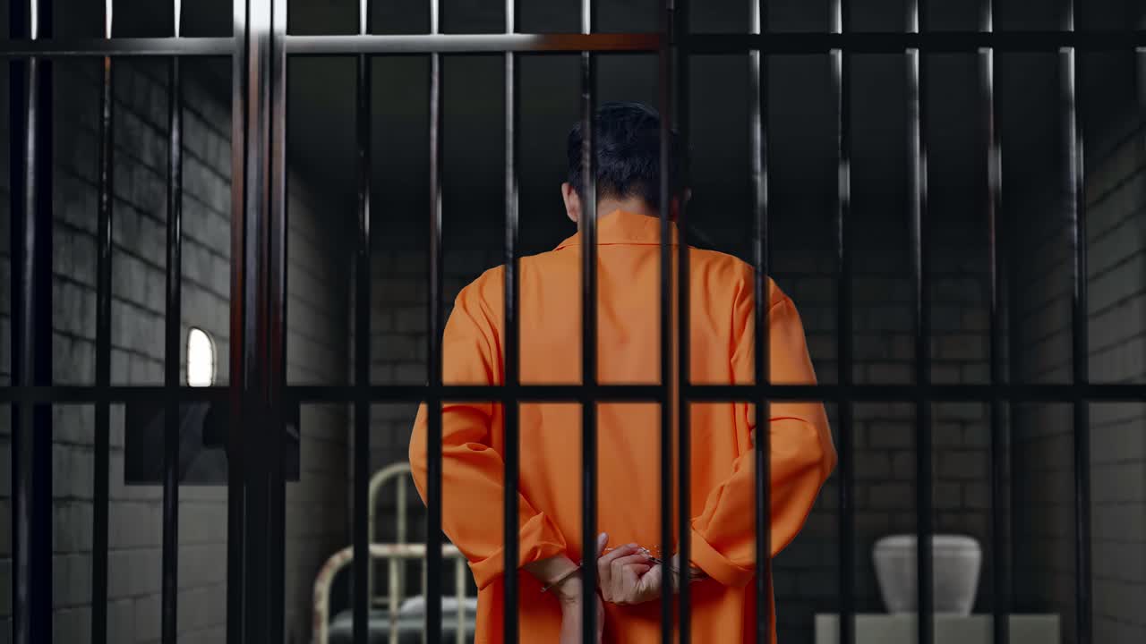 vista trasera de un prisionero masculino asiático tratando de quitarse las esposas mientras estaba de pie en la cárcel