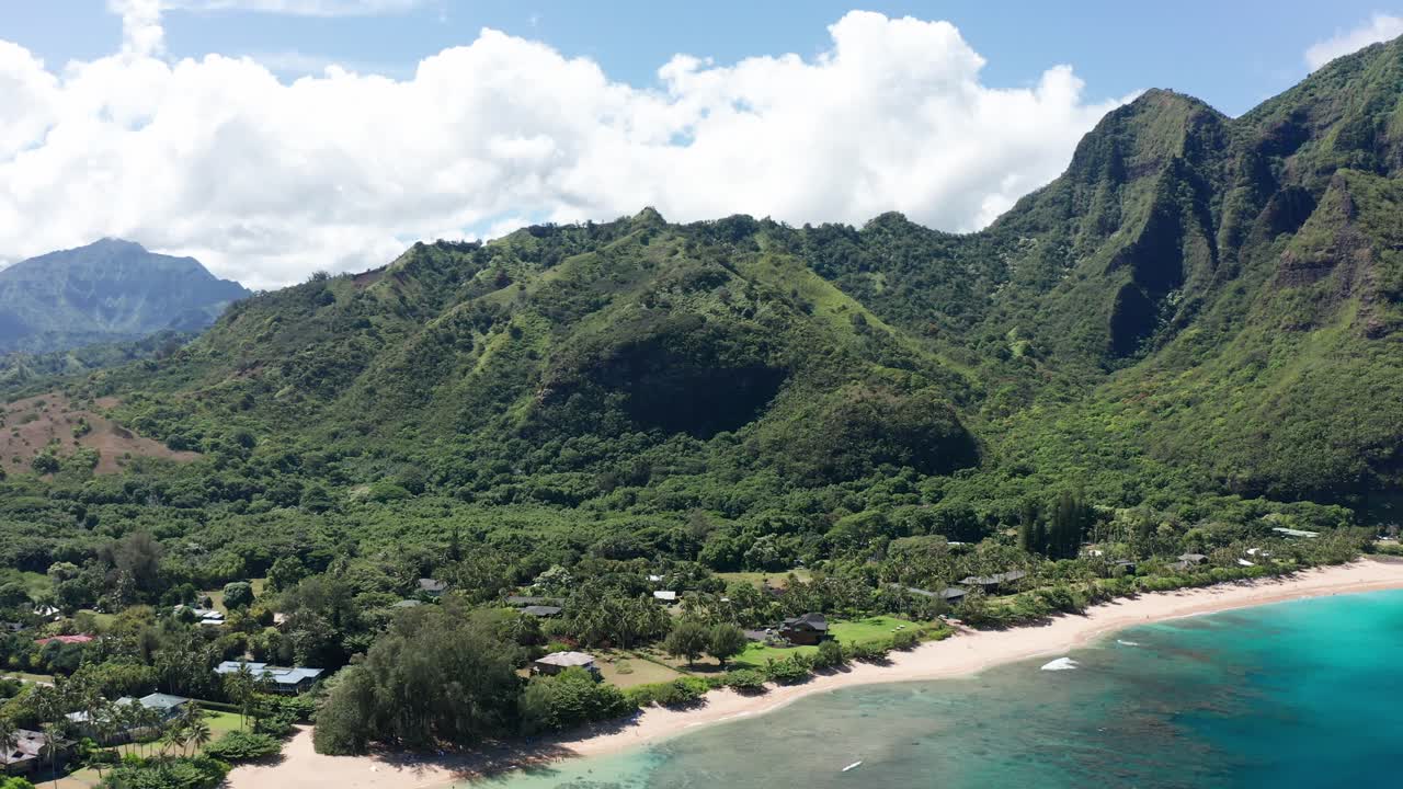 Reverse panning aerial shot of pristine Haena Beach on the island of Kaua'i in Hawai'i