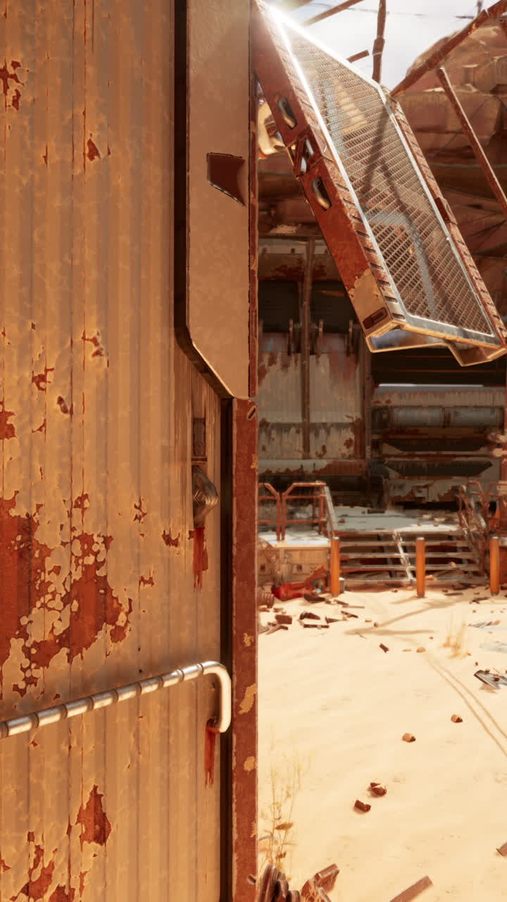 puerta oxidada en un desierto post-apocalíptico