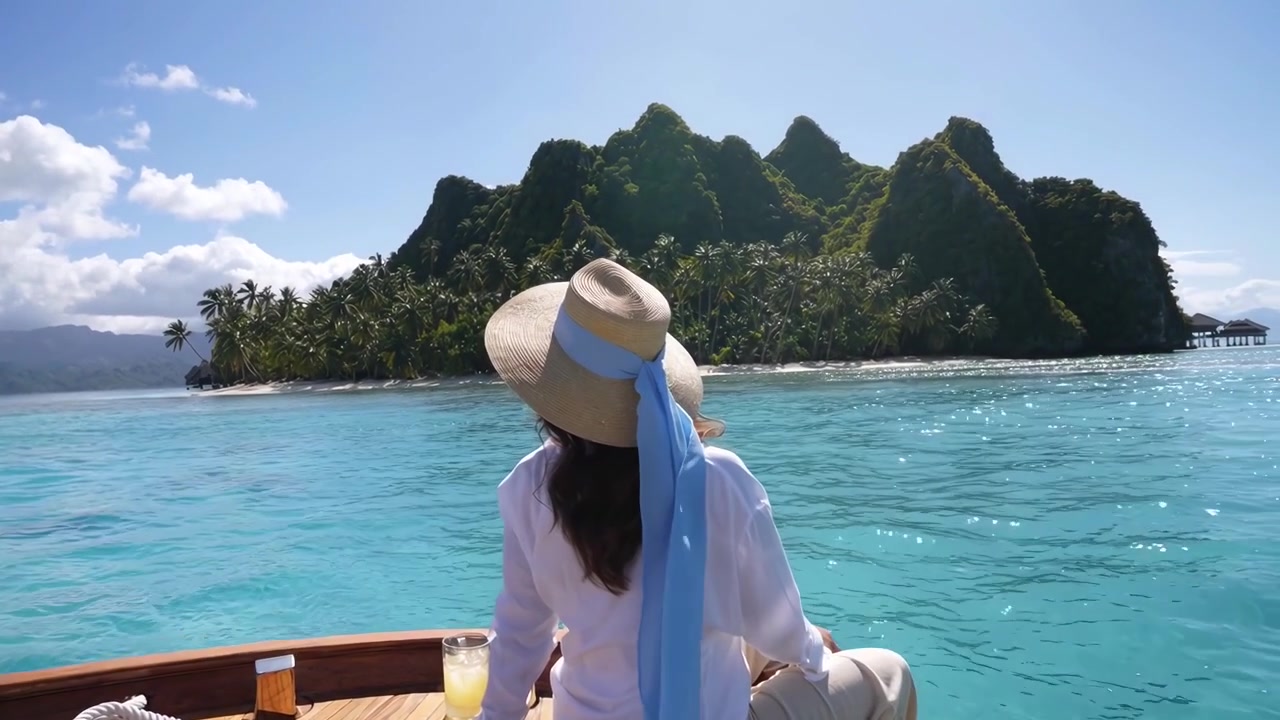 Wanita Bertopi Pantai Menikmati Perjalanan Perahu Menuju Pulau Tropis