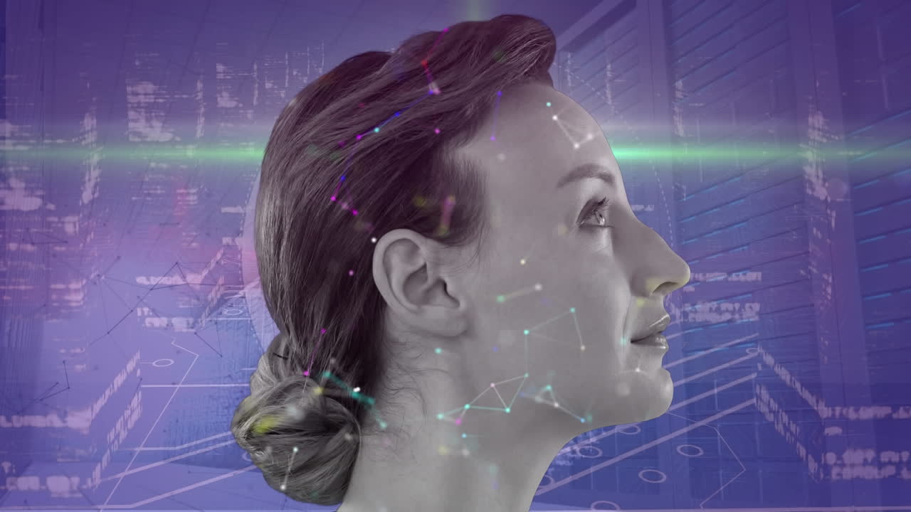 Animation of data processing over caucasian woman and server room