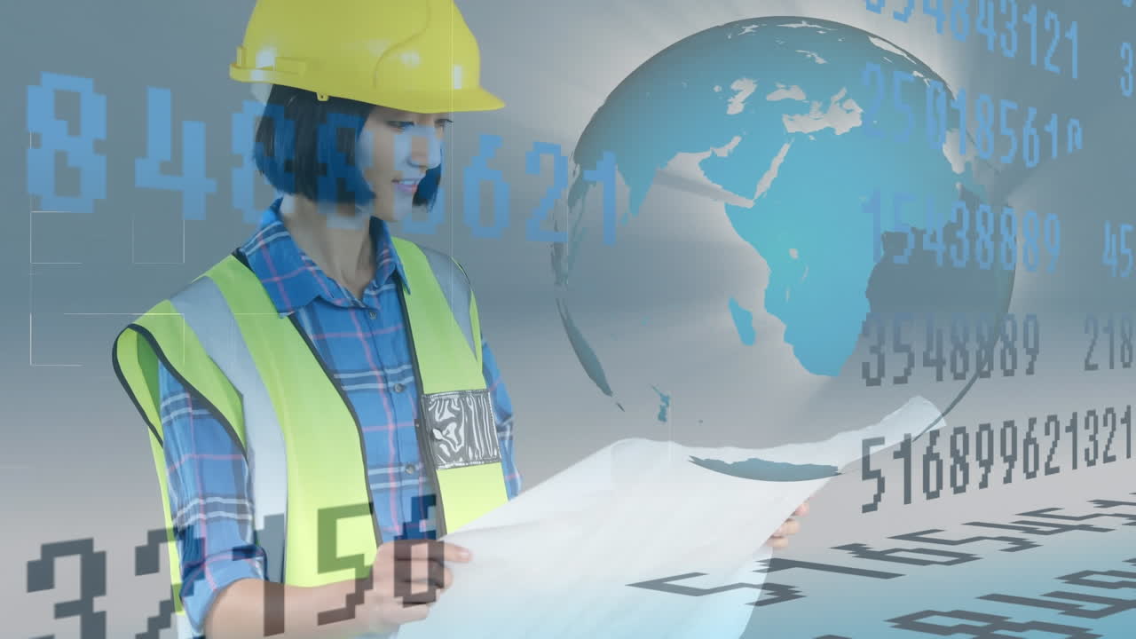 procesamiento de datos con globo azul girando contra arquitecto mujer mirando planos